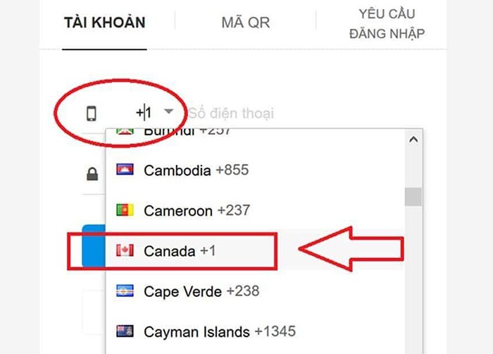 Chọn đúng mã vùng là: Canada